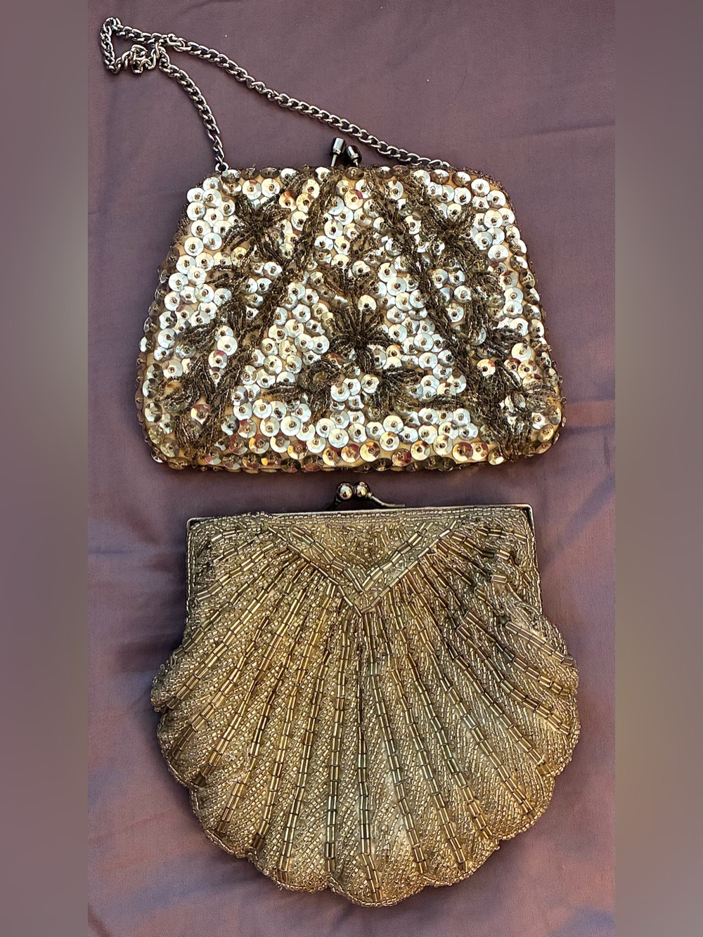 Gold Sequin & Beaded Evening Purses (2) Showcasing Exquisite Art Deco circa 1950